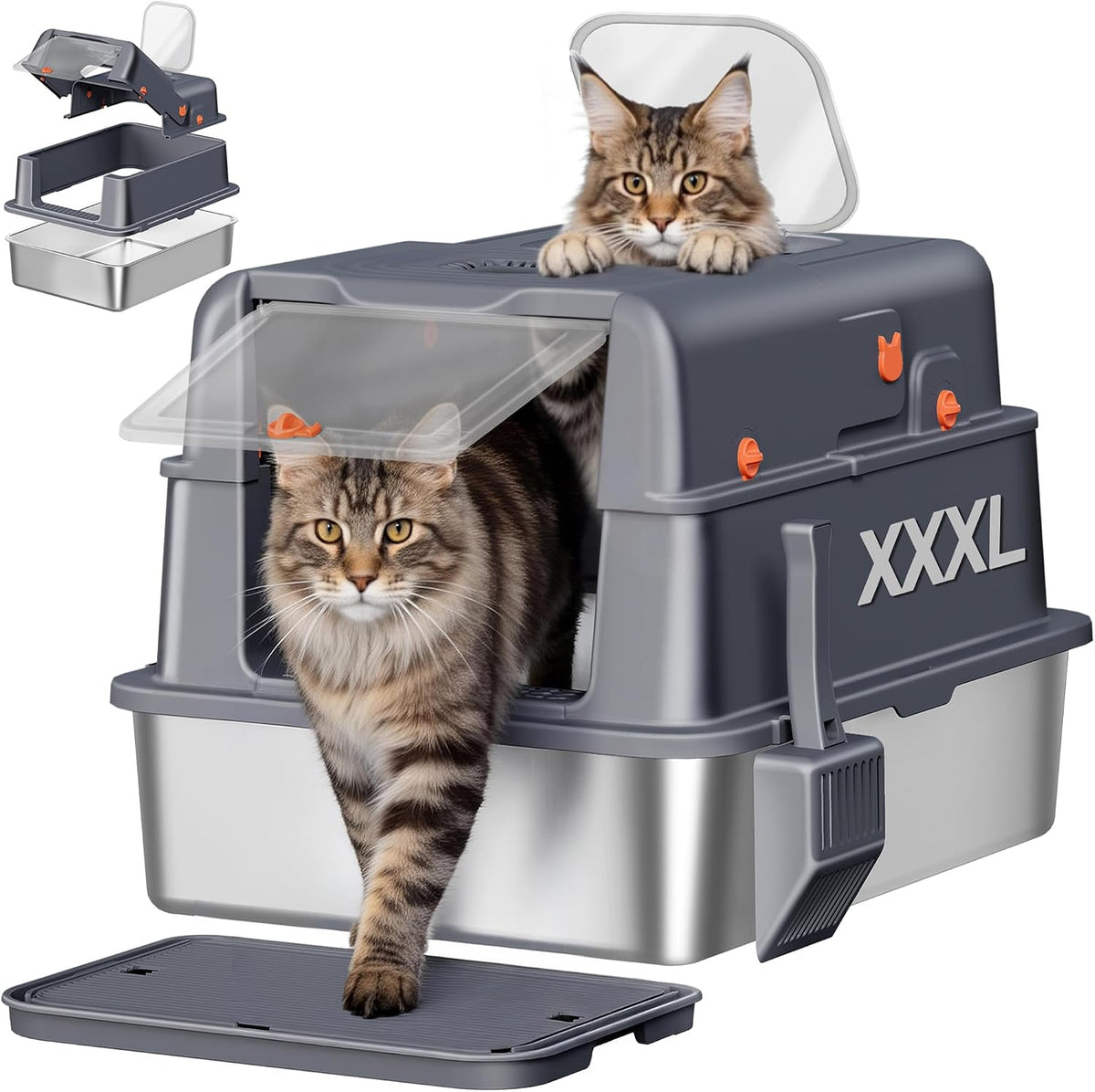 Roestvrijstalen kattenbak met deksel, XXXL gesloten metalen kattentoilet, 70 x 50 x 42 cm, 105° klapdeksel, inclusief pedaal en schep, gemakkelijk te reinigen, twee deuren, donkergrijs