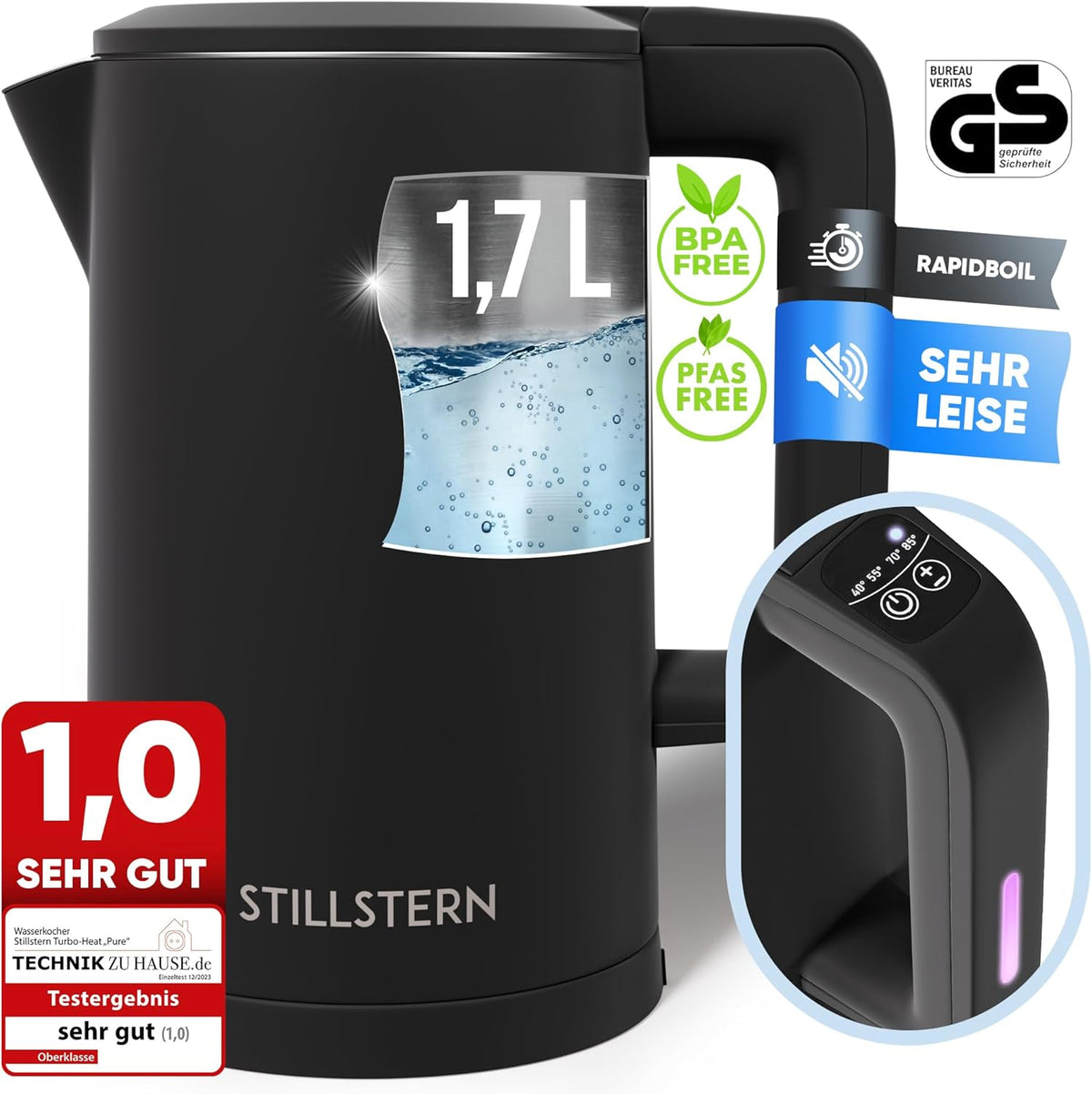 Waterkoker met temperatuurregeling - Warmhoudfunctie - RVS - 1,7L - 2200W - Zwart - Stillstern
