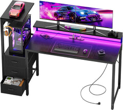 HLONONE Bureau met laden, 152 x 50 cm, gamingtafel met led en 2 stopcontacten en 3 USB-poorten, omkeerbare computertafel met plank en monitorstandaard, pc-tafel met haak voor thuiskantoor, zwart