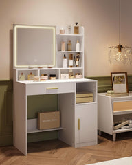 Hzuaneri Make-uptafel met spiegel en ledlicht, met 3 planken en 4 open vakken, make-uptafel met grote laden en kasten, 3-voudig regelbare verlichting, wit DT42103XEU
