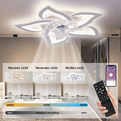 MiiR Stille led-plafondventilator met verlichting, 50 W, slaapkamer plafondlamp, met afstandsbediening en app, dimbare lamp met ventilator, 5 lampen, bloemenvorm, acryl lampenkap, woonkamer, keuken,