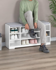 Hzuaneri Schoenenbank, schoenenrek met zitvlak, zitbank met opbergruimte, kussen, 9 vakken, 30 x 103 x 52,7 cm, verstelbare planken, voor woonkamer, hal, slaapkamer, wit-grijs SB10003X