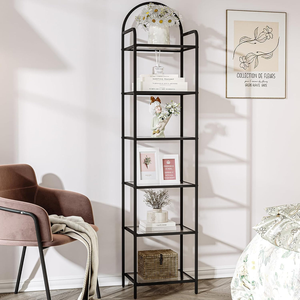 Hzuaneri Boekenplank, Boekenkast, Gehard Glas, Smalle Plank voor Slaapkamer, Badkamer, Thuiskantoor, Stalen Frame, 6 Planken, Zwart, BC10601B