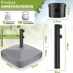 tillvex Gravia Parasolstandaard met wielen en remmen, parasolstandaard kan worden gevuld, 37 liter / 56 kg, parasolgewicht parasol en marktscherm Ø 1,8 - 3,7 m, weerbestendig en uv-bestendig, grijs