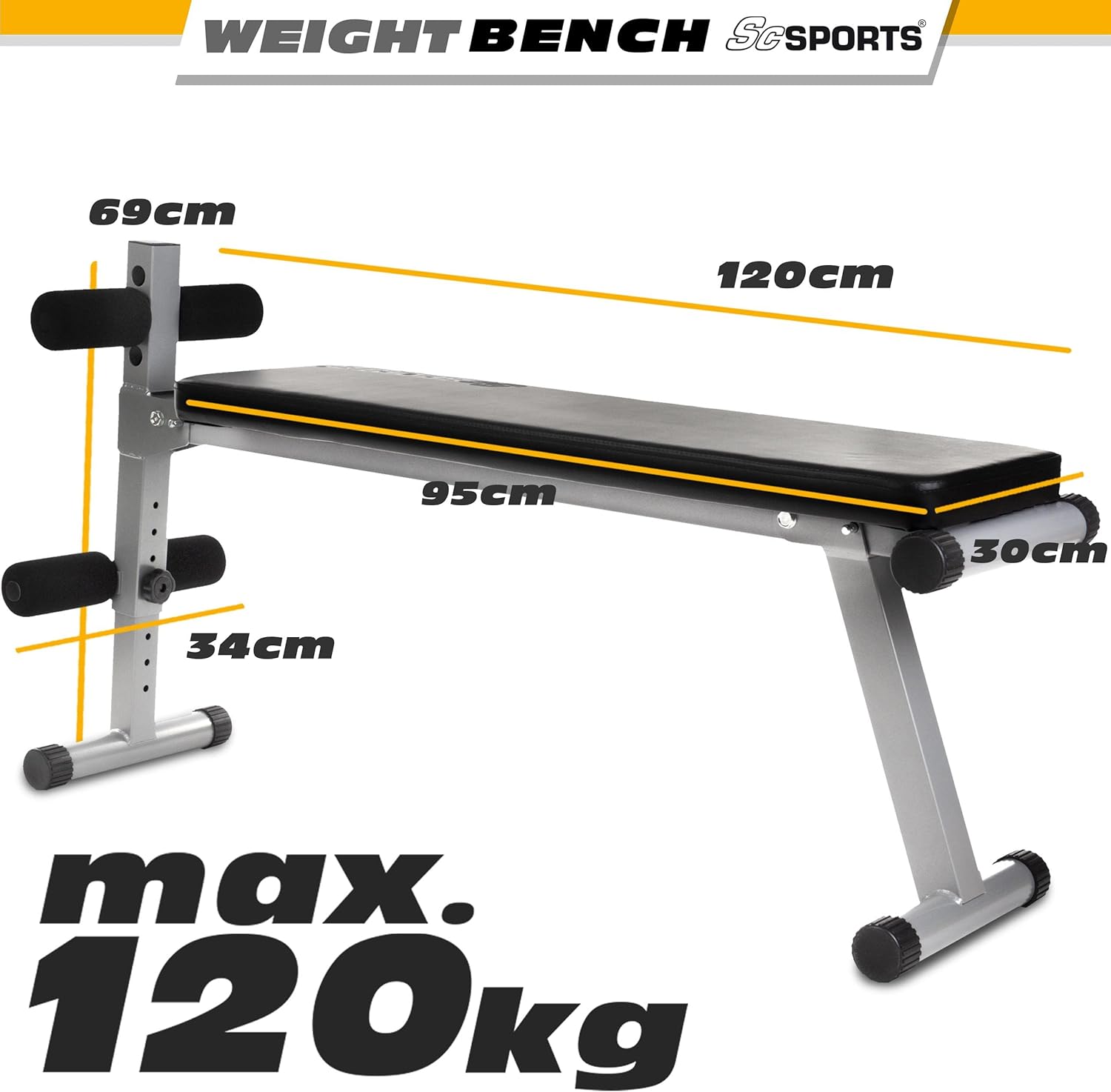 ScSPORTS® Halterbank, inklapbaar, verstelbaar, plat/negatief, met beenfixatie, tot 120 kg, staal, zwart, sit-upbank, buiktrainer, trainingsbank, platte bank, fitnessbank voor thuis