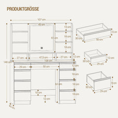 Hzuaneri Grote make-uptafel met ledverlichting, 3 kleuren, helderheidsregeling, make-uptafel met spiegel, 9 laden, 9 open planken, moderne stijl, wit-zilver DT41903W