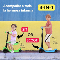 YOLEO 3-in-1 step met zitje voor kinderen, driewielige step met antislip plateau, LED-wielen, in hoogte verstelbare step, ideaal voor kinderen van 2 tot 8 jaar.