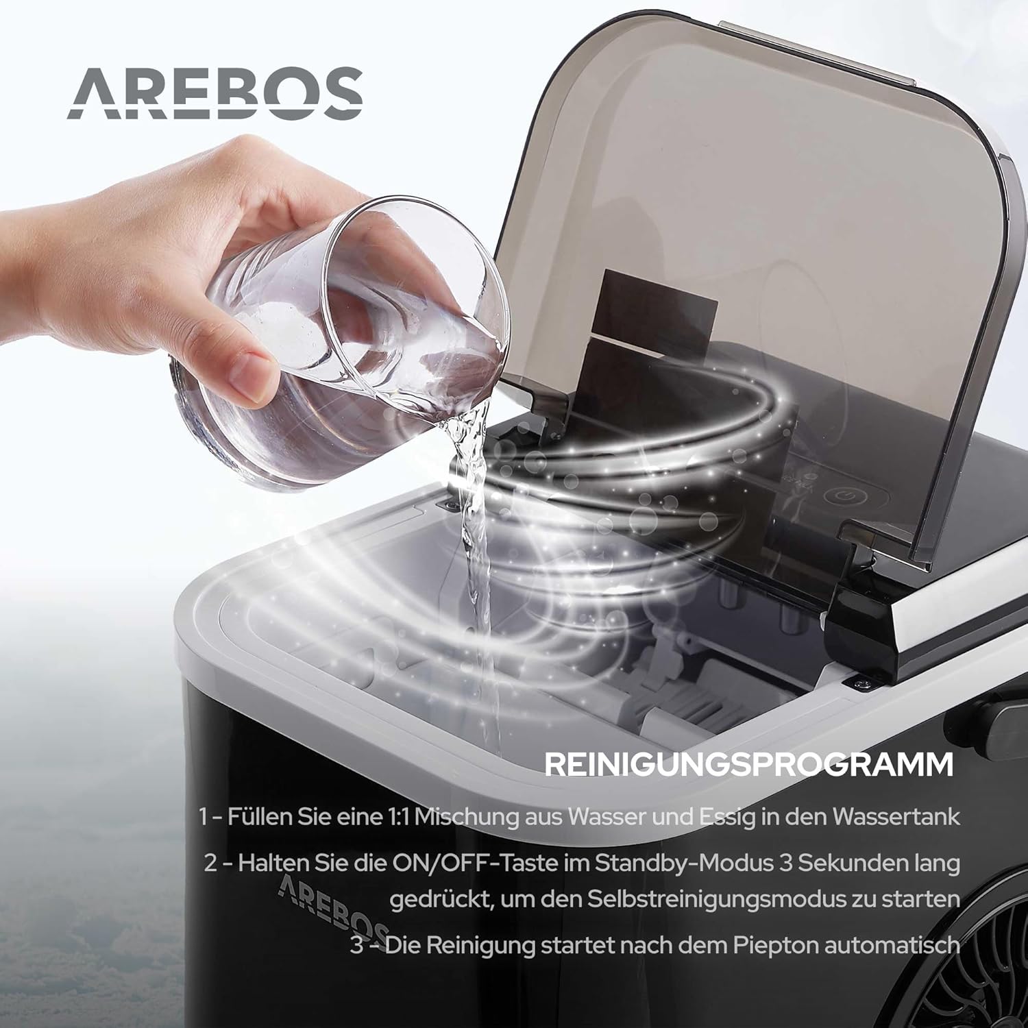 Arebos IJsblokjesmachine, 12 kg/24 uur, ijsblokjesmaker R600a, 8 ijsblokjes in 10 minuten, tank van 1,1 l, zelfreinigend en stil, incl. schep en houder, ijsblokjesmaker met kijkvenster, zwart