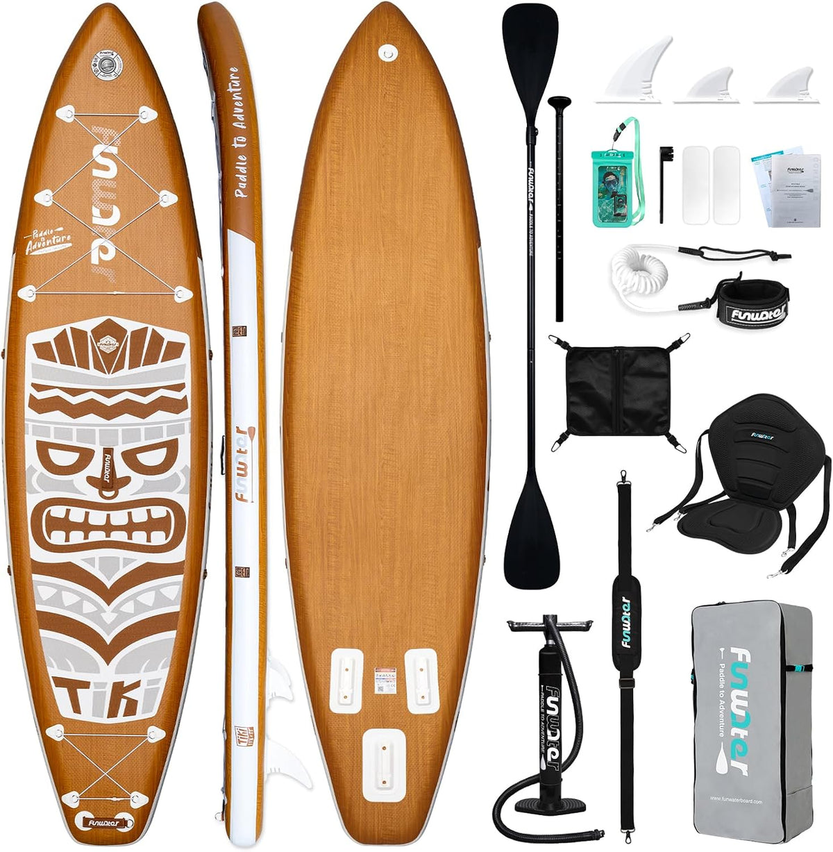 FunWater SUP-board, opblaasbaar stand-up paddleboard voor alle vaardigheidsniveaus, ideaal voor beginners en gezinnen, met antislip EVA-dek, peddel, pomp en complete accessoires