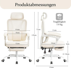 UEV Bureaustoel ergonomisch met voetensteun, Homeoffice stoel, beige, Draaistoel, bureaustoel, kantelbaar tot 135°, in hoogte verstelbaar, tot 150 kg belastbaar, ademende stof, voor werkkamer •