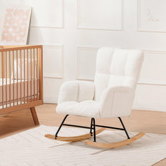 COMHOMA Schommelstoel, relaxstoel met armleuningen, oorfauteuil van teddypluche, schommelstoel, tot 150 kg belastbaar, zonneligstoel, tuinligstoel voor slaapkamer, woonkamer, stijlvol design, wit