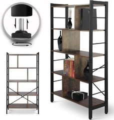 MIADOMODO® Boekenkast - met 4 niveaus, 79x30x155cm, stalen frame, industrieel design, 4 verspringende scheidingswanden, MDF, vintage bruin/zwart - staand rek, wandrek, hoge plank, kantoorplank,