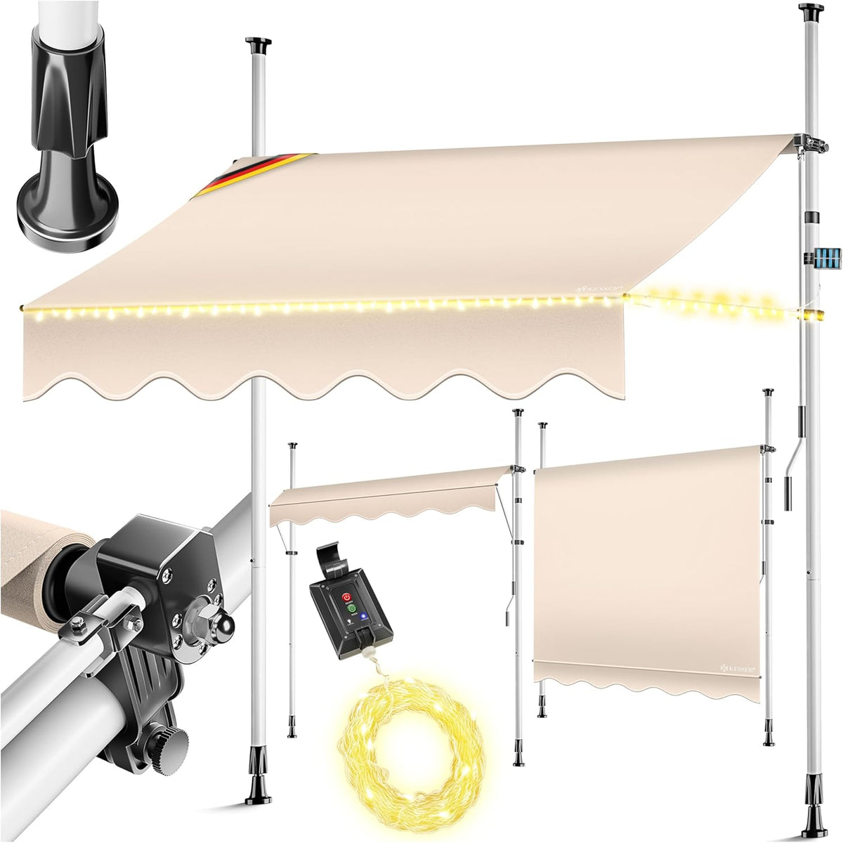 KESSER® Klemluifel met handslinger en led-lichtsnoer, balkonluifel zonder boren, luifel uv-bestendig, in hoogte verstelbaar en waterafstotend, zonwering voor balkon, terras en tuin, 350 cm