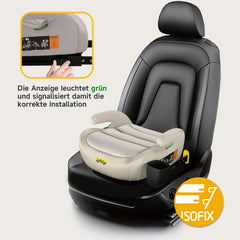 Jovikids Autostoelverhoging voor kinderen met ISOFIX, ECE R129 kinderzitverhoging 125-150 cm, verdikte stoffen bekleding & Isofix invoerhulp, gemakkelijk wasbaar, beige met bekerhouder