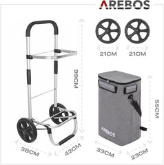 Arebos 3-in-1 boodschappentrolley, groot, 56 liter, winkelwagen met koelvak, boodschappentas met wieltjes, inklapbare shopper, inklapbare tas, afneembaar, boodschappentrolley, handwagen, grijs