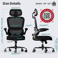 TRALT Bureaustoel, bureaustoelen, mesh, computerstoel met wieltjes, ergonomische bureaustoel, in hoogte verstelbaar, draaistoel, werkstoel, zwart (hoofdkussen, zwart)