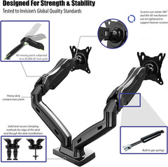 Invision Dubbele PC Monitor Arm Beugel voor 17-27" Schermen - Ergonomische Hoogte-Assistentie Full Motion Desktop Klem Mount Verstelbare Kantelen en Draaien VESA 75mm & 100mm Gewicht 2-6,5kg (MX300)