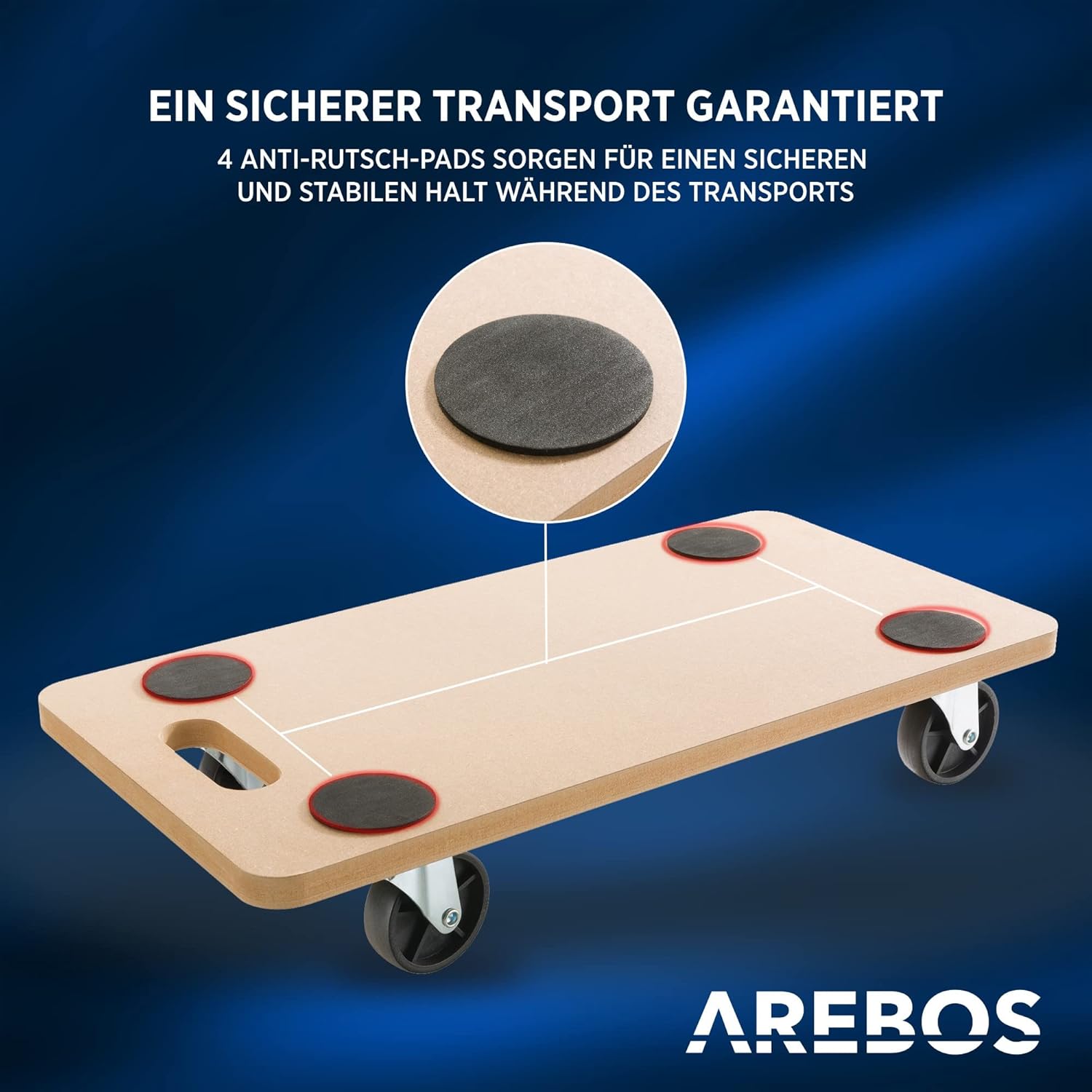 Arebos Rolplank, 2 stuks, draagvermogen tot 200 kg, incl. rubberen pads, transportroller, meubelroller, transporthulp voor verhuizing, meubeltransport