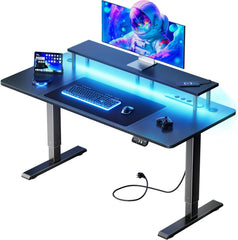 HLFURNIEU LED gamingbureau, 140 x 60 cm, elektrisch, met geïntegreerd stopcontact en USB-poort, monitorbeugel, 3 controllers met geheugenfunctie, gamingtafel, zwart
