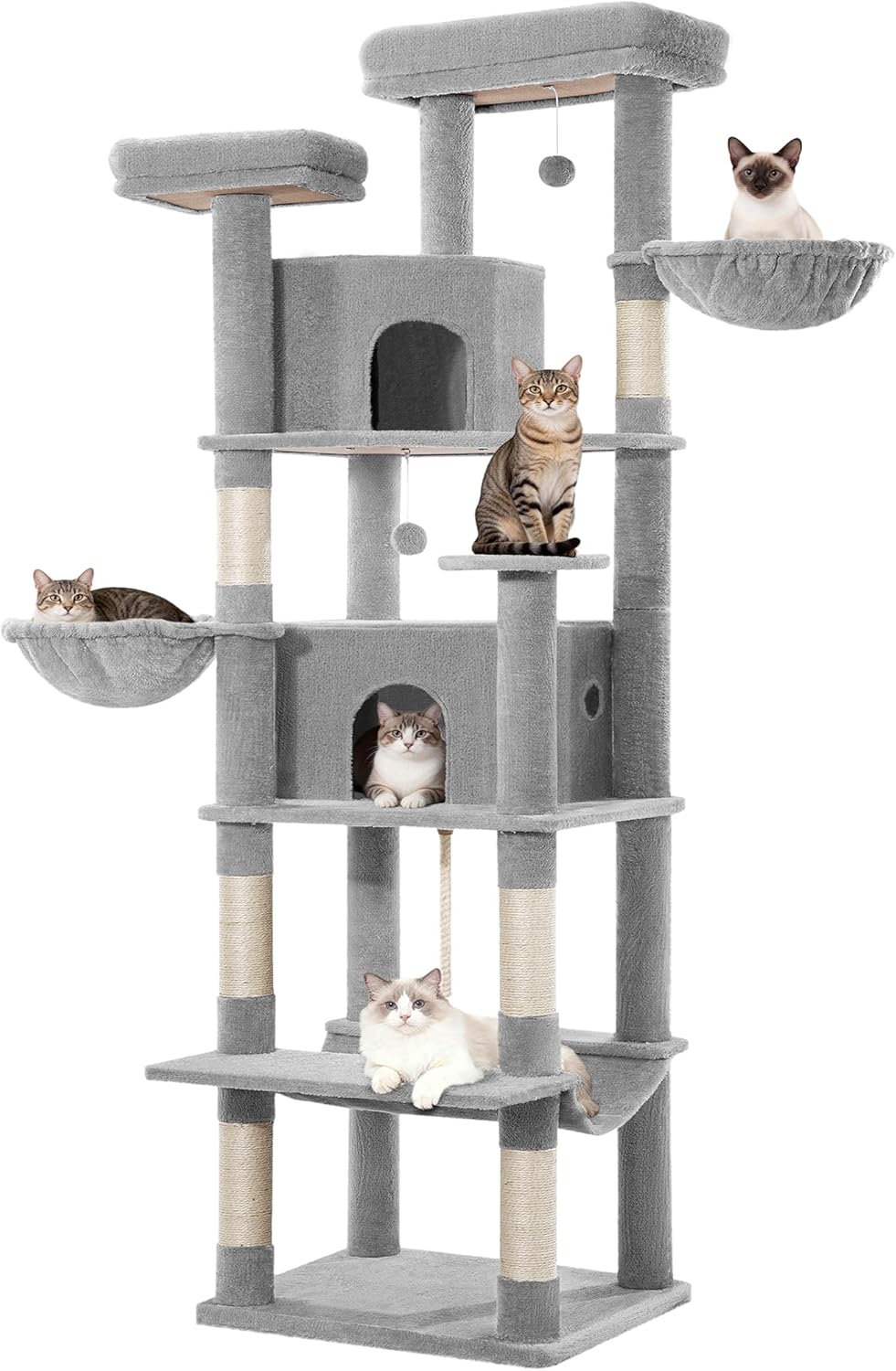 Krabpaal groot 216 cm, kattenboom XXL, krabpaal voor grote katten, stabiel, met krabzuilen, 2 gezellige holletjes, 2 platforms, 2 manden, hangmat, voor binnen, lichtgrijs FPMS007FG1