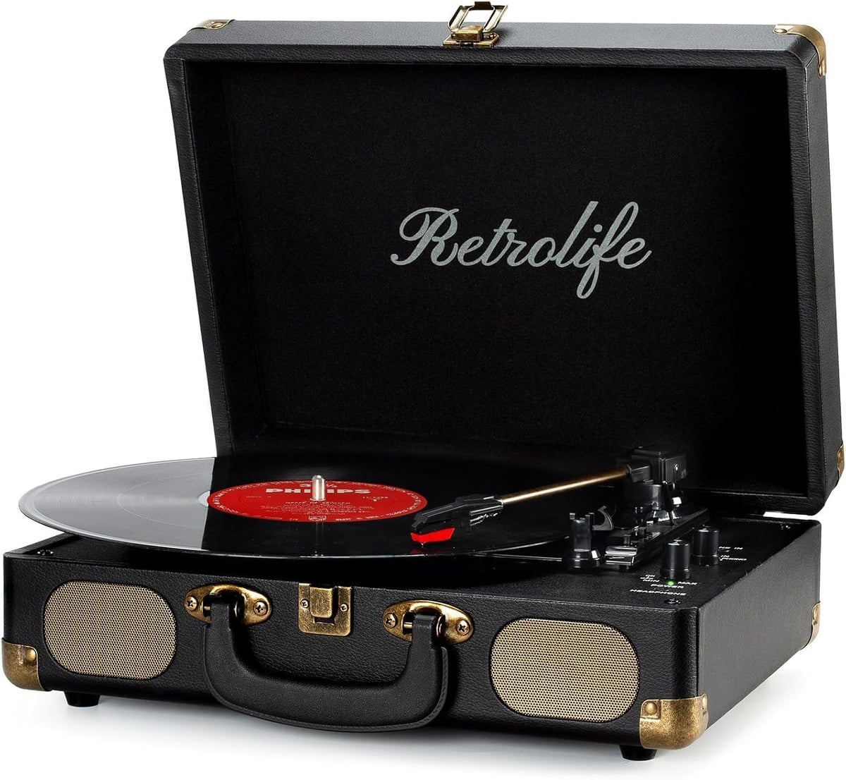 Retrolife Vinylplatenspeler, 3 snelheden, bluetooth-behuizing, draagbare bandaandrijving, draaitafel met ingebouwde luidsprekers, RCA-uitgang, AUX-ingang in hoofdtelefoonaansluiting, zwart