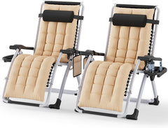 ST 2 stuks zonnebed, inklapbaar, tuinligstoel, weerbestendig, met ergonomisch kussen, ligstoel voor in de tuin met nekkussen, bekerhouder, zijzak, strandstoel, verstelbare rugleuning, beige