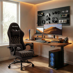 SOLAVERO Gaming Chair van suède stof, ergonomische gamerstoel met massagefunctie en lendensteun, bureaustoel met telescopische voetensteun, draagvermogen 150 kg, zwart