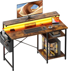 HLONONE Bureau, computertafel met led en monitorstandaard, pc-tafel met 2 planken en opbergtas voor werkkamer en slaapkamer, 100 x 48 x 74 cm, stabiel metalen frame, vintage bruin