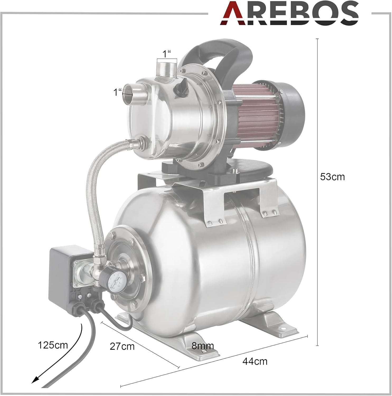 Arebos Huiswaterinstallatie, 1200 watt, debiet 3800 l/u, opvoerhoogte 48 meter, tank van 19 liter
