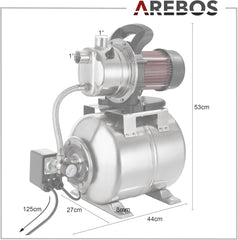 Arebos Huiswaterinstallatie, 1200 watt, debiet 3800 l/u, opvoerhoogte 48 meter, tank van 19 liter