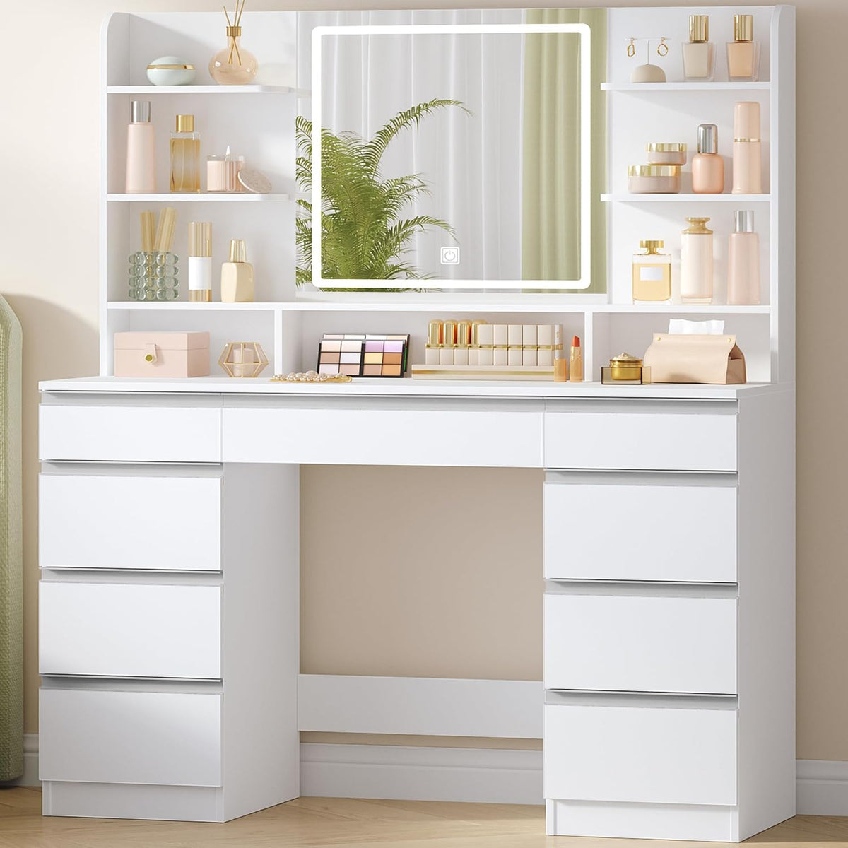 Hzuaneri Grote make-uptafel met ledverlichting, 3 kleuren, helderheidsregeling, make-uptafel met spiegel, 9 laden, 9 open planken, moderne stijl, wit-zilver DT41903W