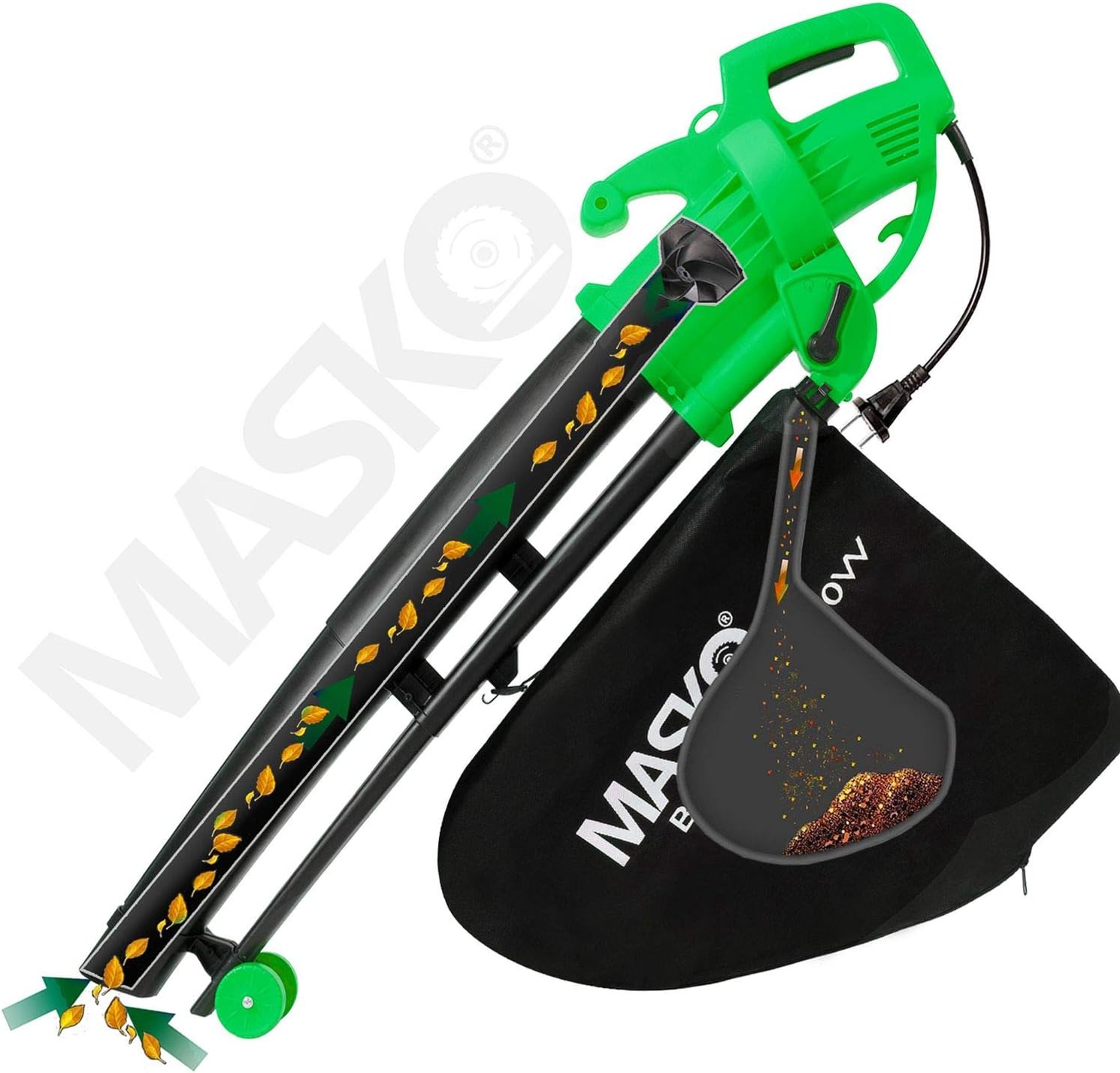 Masko® elektrische bladzuiger, 3-in-1, 3000 W, schouderriem en wielen, opvangzak 45 l, bladblazer, tuinzuiger, tuinblazer, groen