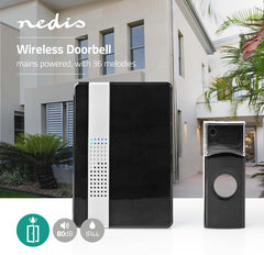 NEDIS DOORB223CBK Draadloze deurbelset, werkt op netwerk, 80 dB, signaalbereik 300 m, IP44, instelbaar volume, 36 melodieën, 1 ontvanger, zwart