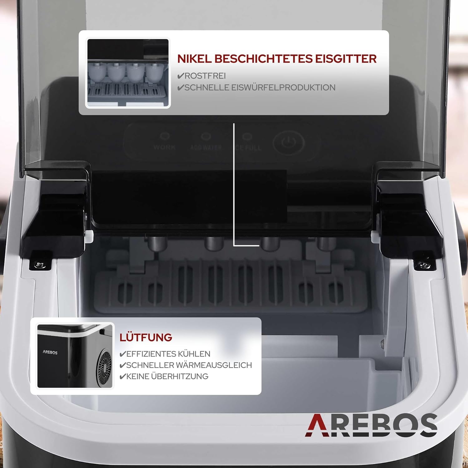 Arebos IJsblokjesmachine, 12 kg/24 uur, ijsblokjesmaker R600a, 8 ijsblokjes in 10 minuten, tank van 1,1 l, zelfreinigend en stil, incl. schep en houder, ijsblokjesmaker met kijkvenster, zwart