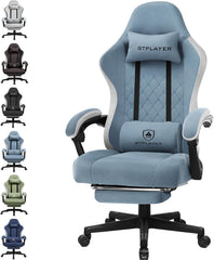 GTPLAYER Gamingstoel, ergonomische gamingstoel, bureaustoel met stoffen oppervlak, veerzitkussen, verbindingsarmleuningen en voetensteun, lichtblauw - LR002
