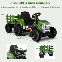 COSTWAY 12 V 3 versnellingen tractor met afneembare hanger en 2,4 G afstandsbediening, kinderzittractor met ledverlichting, muziek, claxon en USB-functies, geschikt voor kinderen vanaf 3 jaar