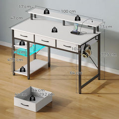 Rolanstar Bureau met laden, computertafel met stopcontacten en led, gamingtafel met monitorstandaard, rek en 2 haken, gamingbureau voor kantoor, woonkamer (zwart, 100 x 47 x 90,5 cm)