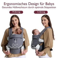 Momcozy Babydrager van 100% katoen vanaf de geboorte | Ergonomische M-positie, X-rug en EVA-lendensteun, 3,2-20 kg, 0-24 maanden, wasbaar, tailleriem 64-127 cm, grijs