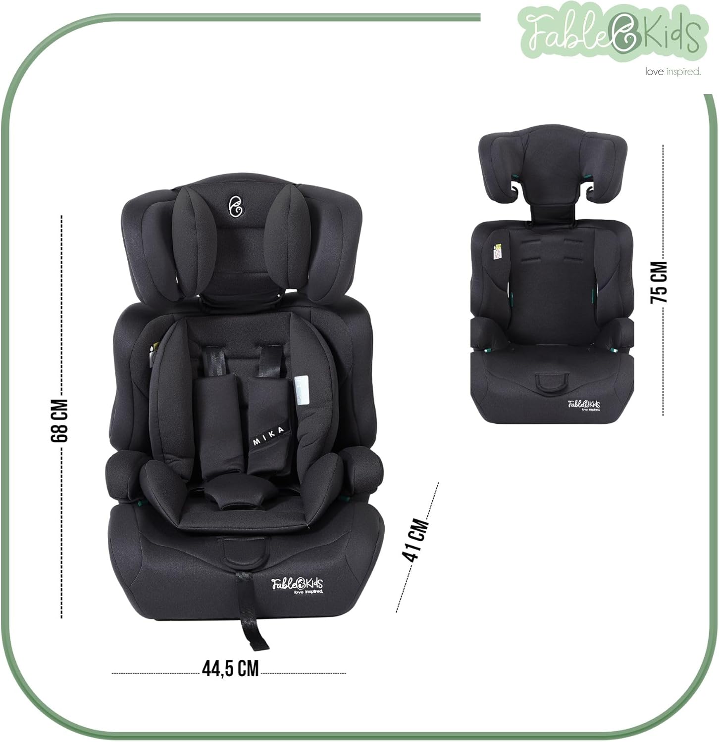 FableKids Kinderautostoel 9-36 kg, 3-punts veiligheidsgordel, autokinderzitje vanaf 15 m, autostoel voor kinderen 76-150 cm, kinderzitje, verstelbare hoofdsteun, ECE R129/03, verstelbaar, zwart