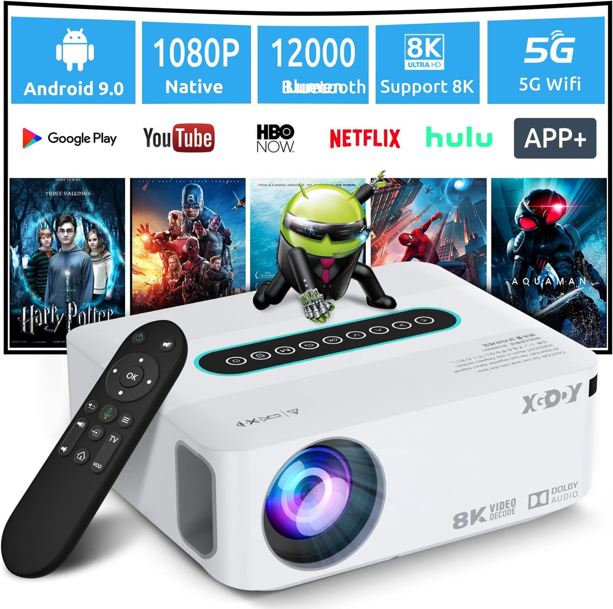 Beamer - Projector - 12000 Lumen - 1080P Full HD - Wit - XGODY