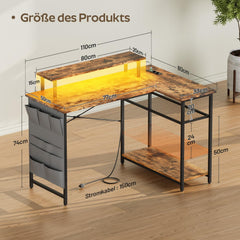 HLONONE L-vormig bureau met led en stopcontacten, 110 x 80 cm, hoekbureau met plank, computertafel met monitorstandaard en opbergtas, gamingtafel L-vorm voor kantoor, thuiskantoor, bruin