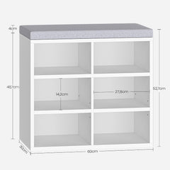 Hzuaneri SB09903X Schoenenbank met zitje, opbergbank met kussen, 6 vakken, verstelbare planken voor woonkamer, hal, slaapkamer, 30 x 60 x 52,7 cm, wit/grijs