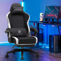 GTPLAYER Gamingstoel, ergonomische pc-stoel, ademende stof, grote en hoge draaibare bureaustoel met voetsteun, verstelbare lendensteun en hoofdsteun, zwart