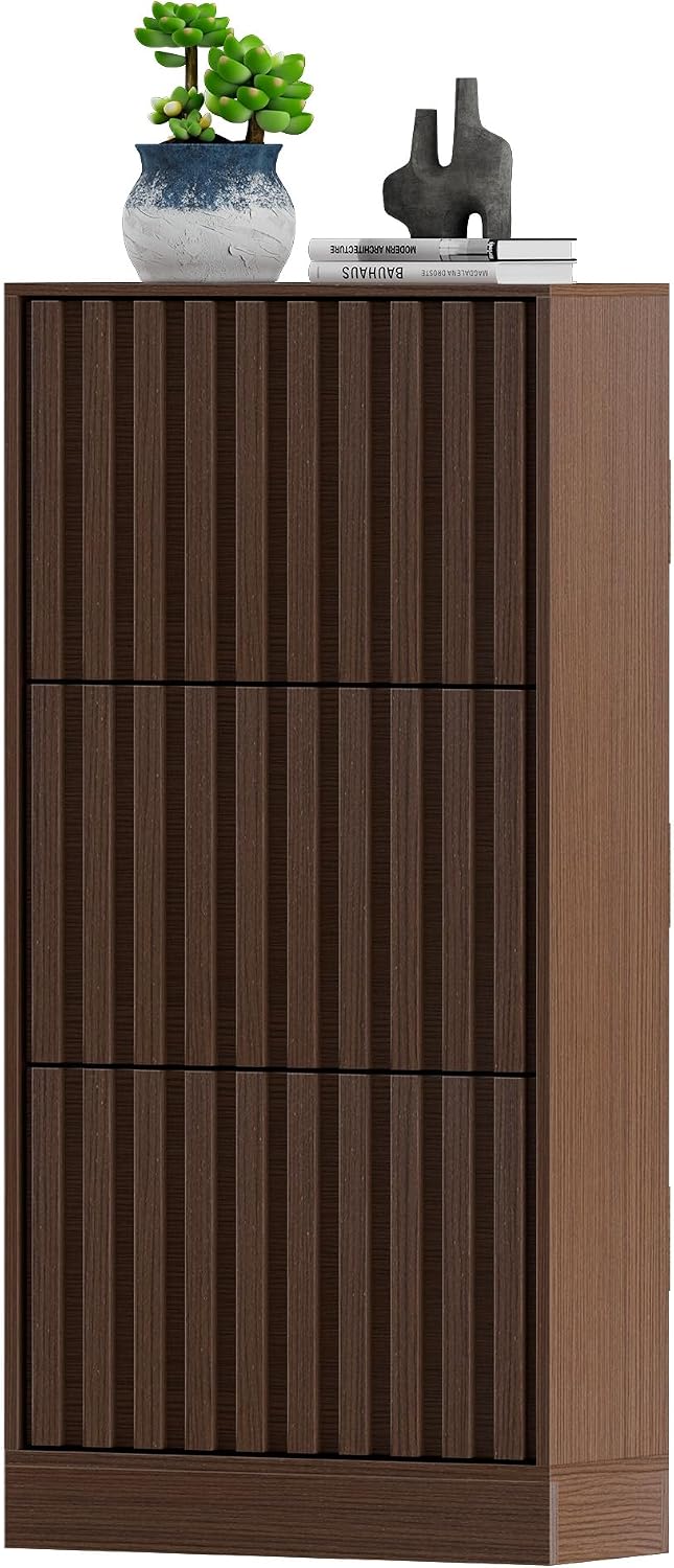 UEV Schoenenkast met 3 kleppen hout, schoenenrek smal, met kantelbeveiliging en verstelbare scheidingswanden (donkerbruin)