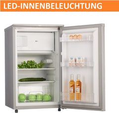 Stillstern Koelkast, met vriesvak, energielabel A++, 90 liter, 4-sterren-vriesvak (-18 °C), ledverlichting aan de binnenkant, automatisch ontdooien, in hoogte verstelbare glasplaten, groentelade, deurvakken, zilverkleurig