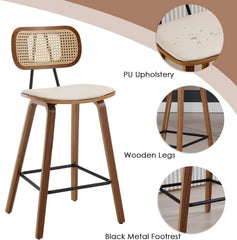 Wahson Barkruk, set van 2 rotan keukenkrukken met rugleuning, barstoel met massief houten poten, zitting van kunstleer, barkruk voor keukeneiland, beige