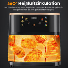 Zwarte 9L Airfryer met visueel venster, geschikt voor het hele gezin, 6-in-1 kookinstellingen, slim touchscreen, timerfunctie, vaatwasserbestendig, gezond koken zonder olie en met weinig vet