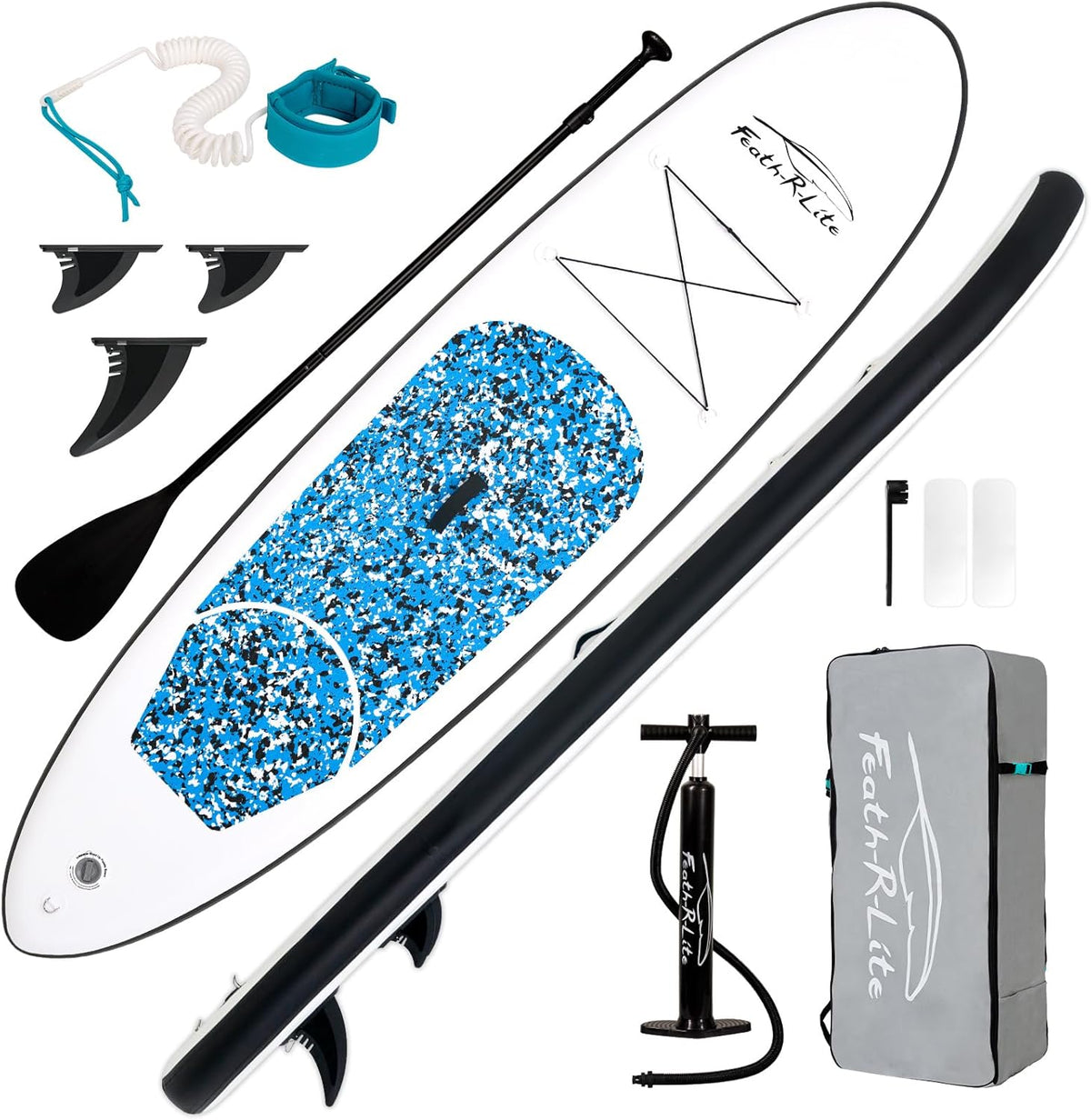 FEATH-R-LITE opblaasbaar, 305 x 78 x 15 cm, superlichte SUP voor alle moeilijkheidsgraden, alles inclusief, stand-up padddle-board, adj peddel, pomp, ISUP reis-rugzak, lijn, waterdichte tas, zwart en blauw | FunWater, peddel, luchtpomp, rugzak, kajakstoel