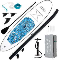 FEATH-R-LITE opblaasbaar, 305 x 78 x 15 cm, superlichte SUP voor alle moeilijkheidsgraden, alles inclusief, stand-up padddle-board, adj peddel, pomp, ISUP reis-rugzak, lijn, waterdichte tas, zwart en blauw | FunWater, peddel, luchtpomp, rugzak, kajakstoel