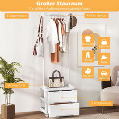 COSTWAY Kledingrek met 3 laden, oprolbare kapstok met haken aan de zijkant en kledingstang, vrijstaande kaphouder, wit, voor slaapkamer, woonkamer, 46 x 38 x 157 cm